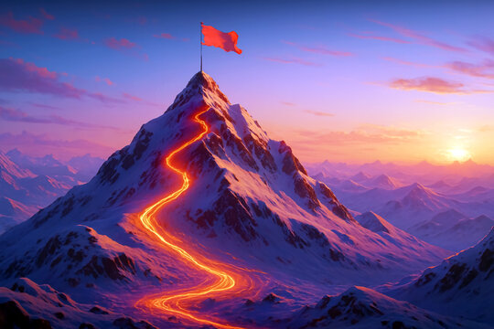 Red Flag on Snow Mountain Summit with Glowing Path - Success Achievement Goal - Dramatic Sunset Journey to Peak Victory Purple Sky - Epic Motivational 3D Illustration