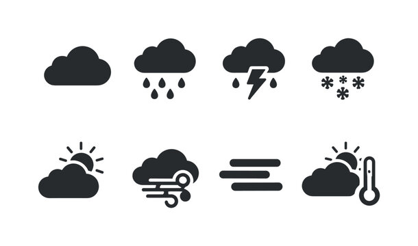 Clouds and weather. Filled icon set of Clouds and weather: fluffy cloud, rain cloud,