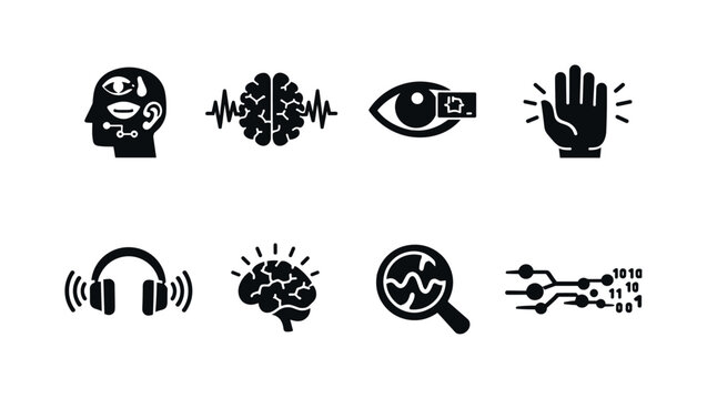 Sensory technologies and perception of reality. Filled icon set of Sensory technologies and