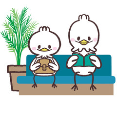 ソファーに並んで座って本を読む白い鳥たちのイラスト © おひさまストック