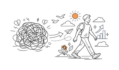 Dealing with toxic relationships and moving forward. Person stepping away from a tangled knot of lines, calm