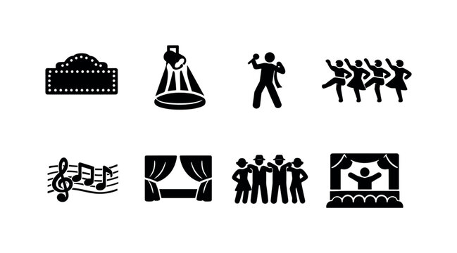 Broadway style musical. Filled icon set of Broadway style musical: marquee theater sign, spotlight stage, lead