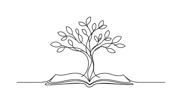 Abstract Narrative. Minimalistic one-line drawing tree growing from an open book symbolizing knowledge and