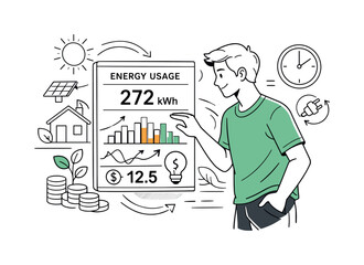Home energy monitoring. Person checking an electricity usage meter, numbers and bars rising