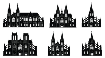 Naklejka premium black silhouettes of gothic church buildings with spires and windows on white background