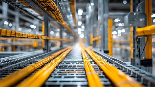Industrial view looking up at organized yellow network cabling trays in a server room ceiling showing depth and complex tech infrastructure.