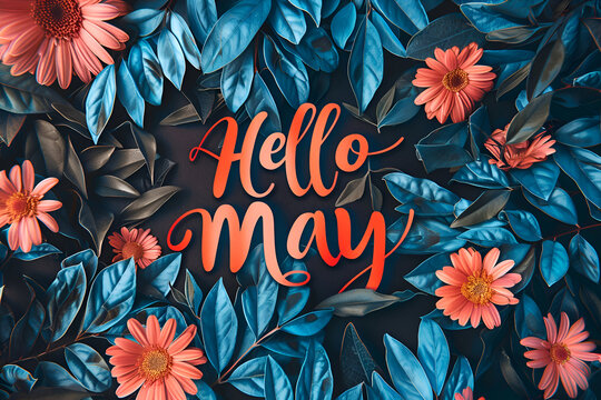 Elegant seasonal greeting design with hello may lettering and floral accents