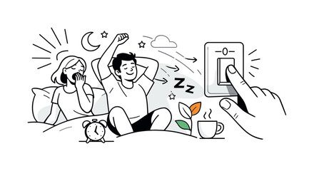 Obraz premium Turning off the lights. Finger pressing a switch as light rays fade into simple abstract shapes. Calm,