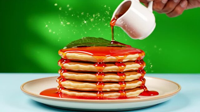 A stack of pancakes on a plate with syrup being poured over it 4k video