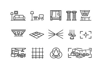 Fototapeta premium Interior architecture photography. Line outline icon set of Interior architecture photography: living room