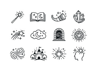 Obraz premium Magical fantasy themes. Line outline icon set of Magical fantasy themes: magic wand, spell book, enchanted