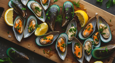 Delicious steamed mussels with fresh lemon slices and aromatic herbs artfully arranged on a rustic wooden board, offering a gourmet seafood experience ready to be savored