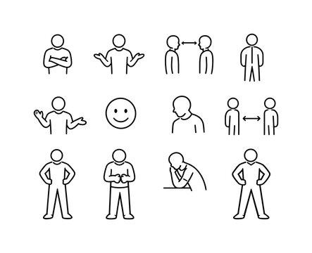 Body language. Line outline icon set of Body language: crossed arms, open palms, eye contact