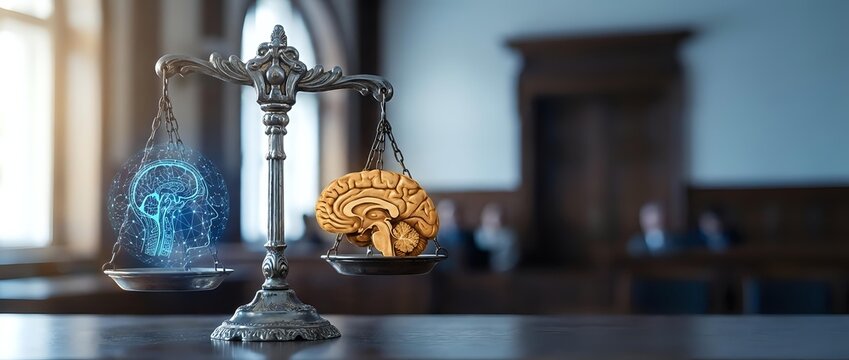 Balance scales weighing glowing digital brain against human brain in courtroom setting representing artificial intelligence versus human intelligence in legal decisions.