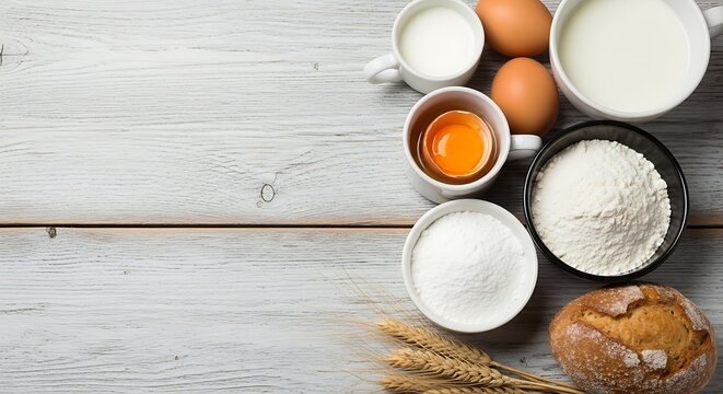 Baking ingredients on rustic wood table including eggs milk flour bread and spices in natural light