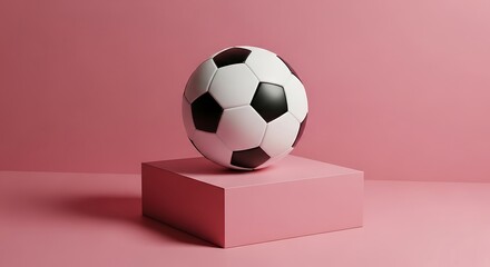 Black and white soccer ball resting on a sleek pink pedestal against a soft pink background in minimalist style