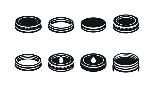 Mason jar lid. Filled icon set of Mason jar lid: mason jar lid, metal screw band, flat sealing disc, jar rim,