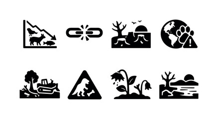 Obraz premium Biodiversity loss. Filled icon set of Biodiversity loss: declining wildlife population,