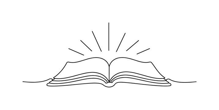 Religious texts and their interpretation. Minimalistic one-line drawing open sacred book