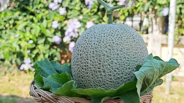 Ripe green melon in garden.