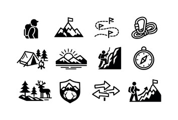 Outdoor adventure. Line outline icon set of Outdoor adventure: adventurer silhouette,