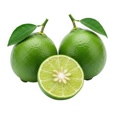 A vibrant close-up of three whole limes and one cut lime isolated on transparent background
