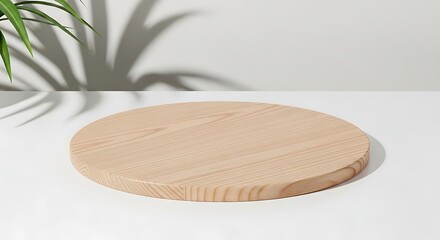Round wooden board with natural wood grain texture placed on a clean white surface near a potted plant