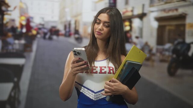 Young woman in cheer top scrolling a smartphone with one hand while clutching folders and books in the other on a busy city street; contemplation.