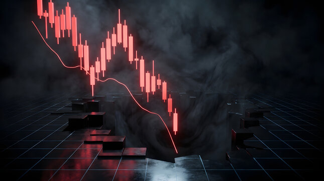 Clickbait-style bearish stock market visuals with red falling charts and arrows on dark cinematic backgrounds, glowing highlights, no numbers or text. AI Generated.