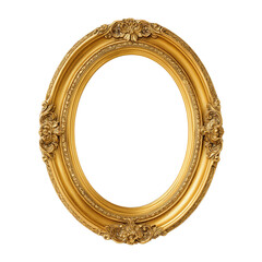 Obraz premium An ornate gold oval picture frame with intricate designs and floral patterns is displayed prominently isolated on transparent background