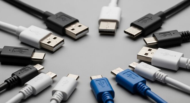 Various USB charging data cables arranged in circle pointing to center, type C micro and standard connectors on grey background, tech connectivity concept with copy space