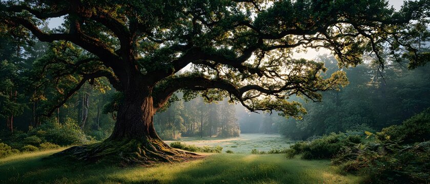Majestic wide-canopy oak tree stands in a grassy field with sun glowing through the branches and roots spreading out in nature scenes.