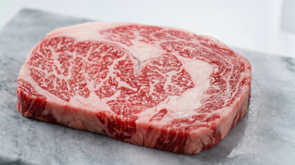 A raw, premium marbled beef steak on a white marble board, ready for gourmet cooking. High-quality red meat for fine dining.