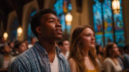 Obraz premium Emotive Easter vigil prayer gathering in a historic church, the congregation united in song and reverence, sharing in the spirit of resurrection. Stained glass windows casting colorful light,