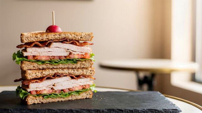 A delicious stacked club sandwich with toasted bread, chicken, bacon, lettuce, and tomato on a slate board, ready for lunch.