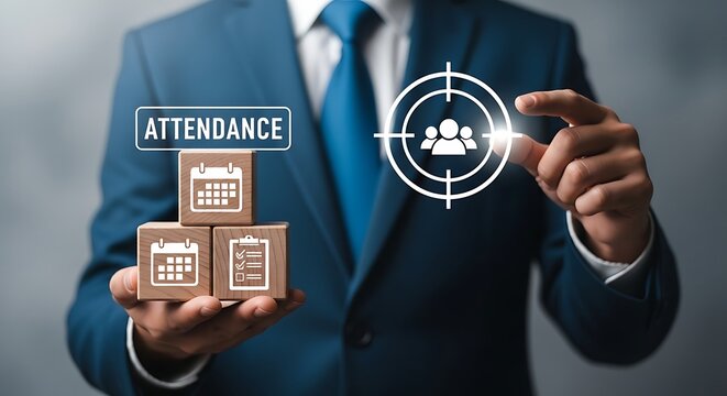 Businessman holding wooden blocks with attendance and calendar icons targeting employee symbol in crosshair symbolizing attendance tracking and employee management concept