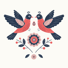 Ethnic folk birds and flowers greeting card design. Textured hand drawn symmetrical illustration. © Hanna ArtLab