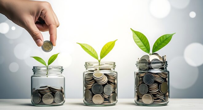 Financial growth concept with coins and plant sprouts in jars illustrating investment and savings for prosperity and wealth accumulation over time