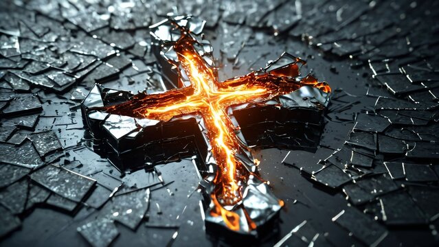 Burning Cross on Broken Ground Dramatic Faith Concept