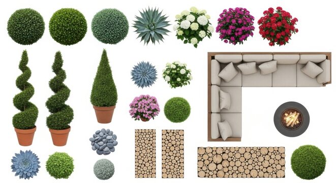 Overhead view of various garden plants, a sectional sofa, and fire pit on white background