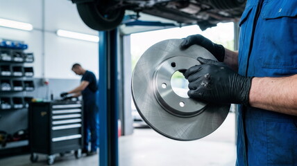 A professional auto mechanic in a clean workshop inspects a new brake disc, demonstrating expertise in car repair and maintenance.