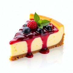 Creamy cheesecake slice with berry topping and mint raspberry blueberry