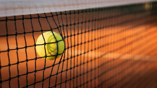 A vibrant yellow tennis ball makes dynamic impact with a black net, creating tension on a sunlit clay court, perfect for sports and competition.