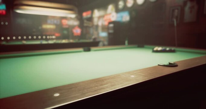 Players enjoy a game of billiards in a cozy hall filled with retro decor and low lighting. The green felt table and colorful cues invite friendly competition and conversation.