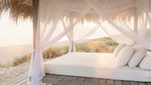 Luxurious outdoor canopy bed with flowing white curtains on a serene beach at sunset, offering ultimate relaxation and tropical escape.