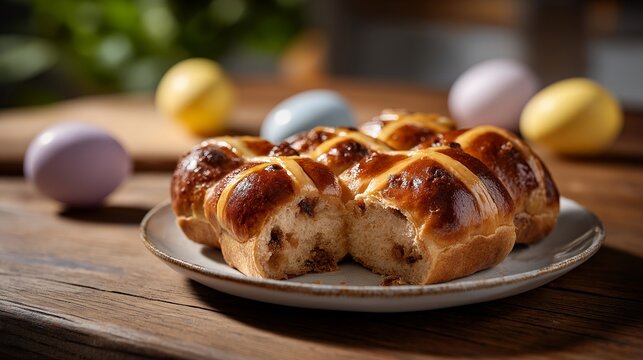 Classic hot cross bun with rich, golden crust and rich spices, ideal for family gatherings and holiday feasts. A close-up shot highlighting the bun&rsquo;s texture, placed on a delicate white plate