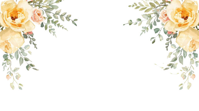 watercolor floral flower corner arrangement with yellow roses eucalyptus, pastel wedding invitation cards design, png, isolated on transparent background