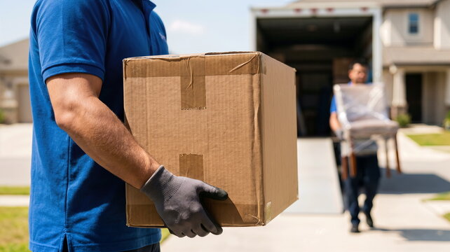 A man in blue uniform and gloves carries a cardboard box for a moving and delivery service, with a truck and house in the background.