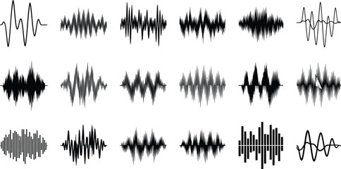 Dynamic audio waveform bundle set, music equalizer sound waves, podcast recording frequency pulses and digital amplitude elements for media production, Vector illustration © PixelsWorld