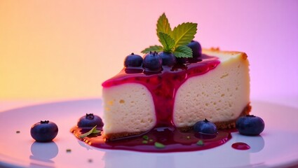 Creamy cheesecake slice with blueberry topping and fresh mint fruit dessert